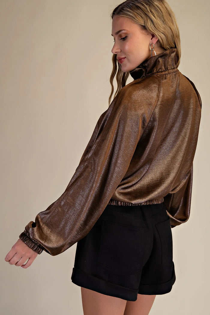 Metallic Cropped Full Zip Pullover