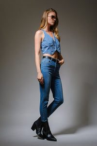 Plunge Neck Hook Closure Bustier Crop Denim Top