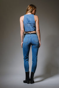 Plunge Neck Hook Closure Bustier Crop Denim Top