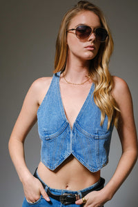 Plunge Neck Hook Closure Bustier Crop Denim Top