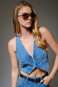 Plunge Neck Hook Closure Bustier Crop Denim Top