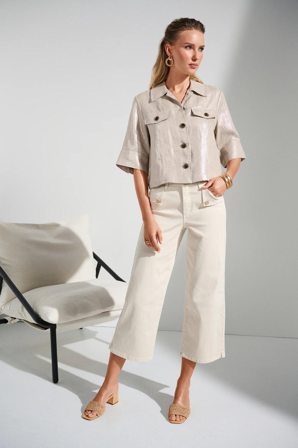 Foiled Linen Blend Short Sleeve Boxy Jacket
