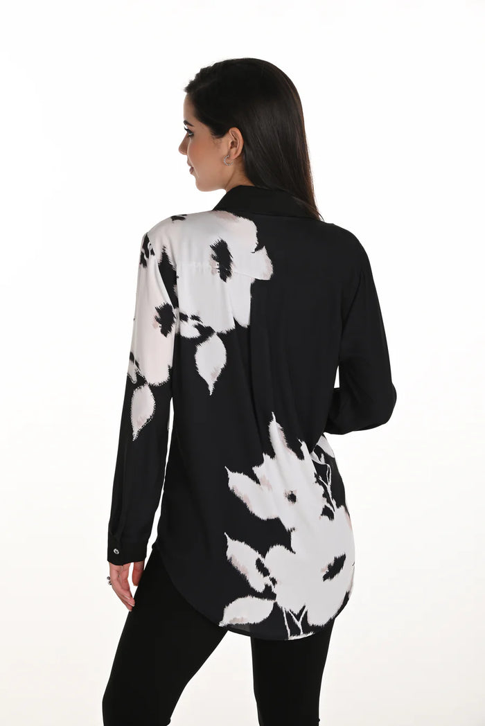 Floral Print Rhinestone Black & White Blouse