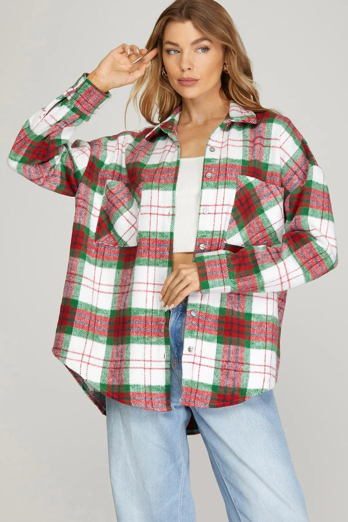LONG SLEEVE BUTTON DOWN PLAID SHACKET