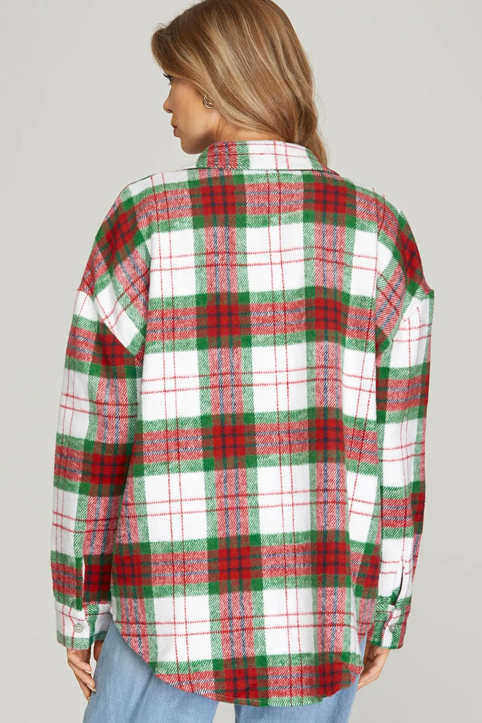LONG SLEEVE BUTTON DOWN PLAID SHACKET