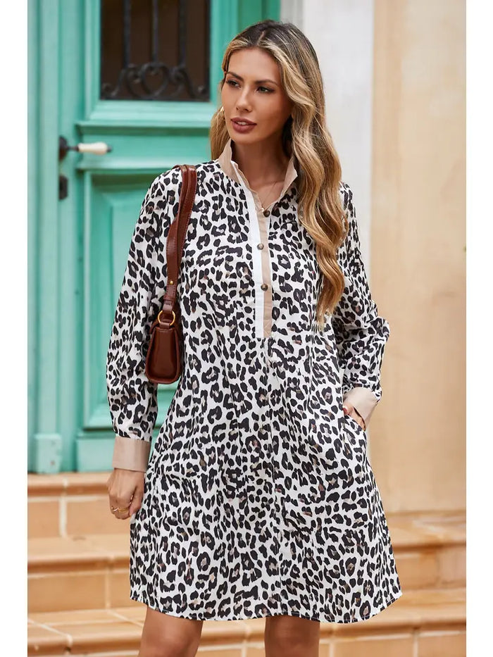 Leopard Collar Patchwork Button Dress