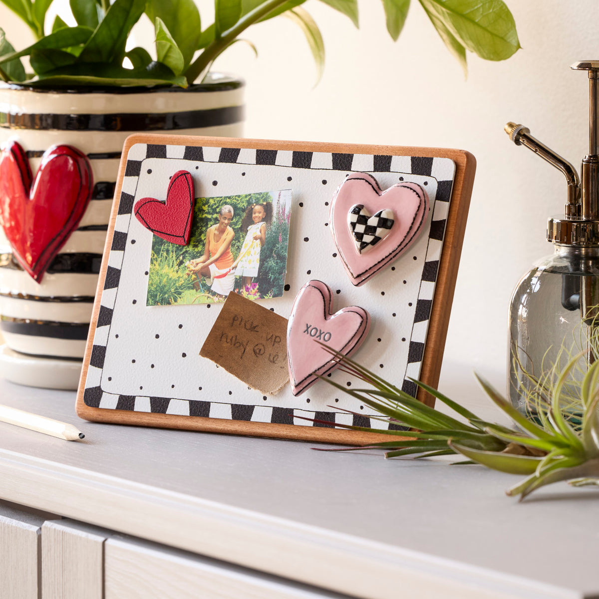 Stripe Red Heart Ceramic Planter & Saucer - 6x7.5in