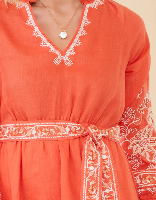 Sunita Linen Dress Callawassie Coral Embroidery