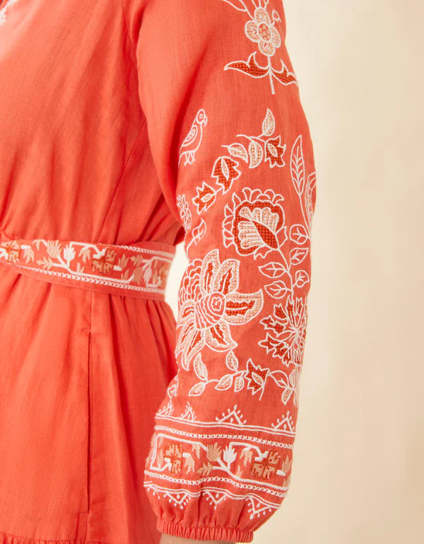 Sunita Linen Dress Callawassie Coral Embroidery