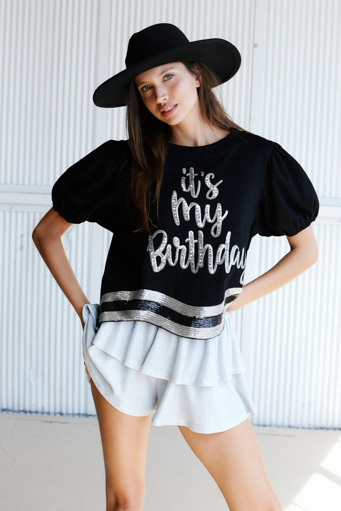 Birthday Girl Puff Sleeve Sequin Top