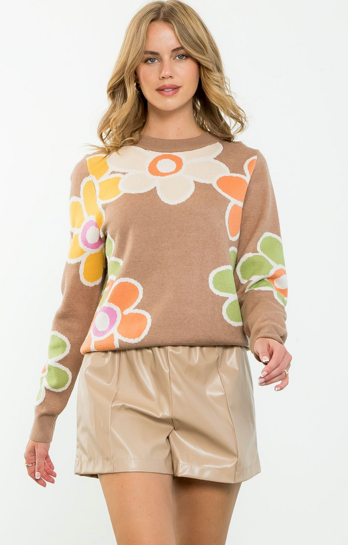 Flower Pattern Sweater-Brown