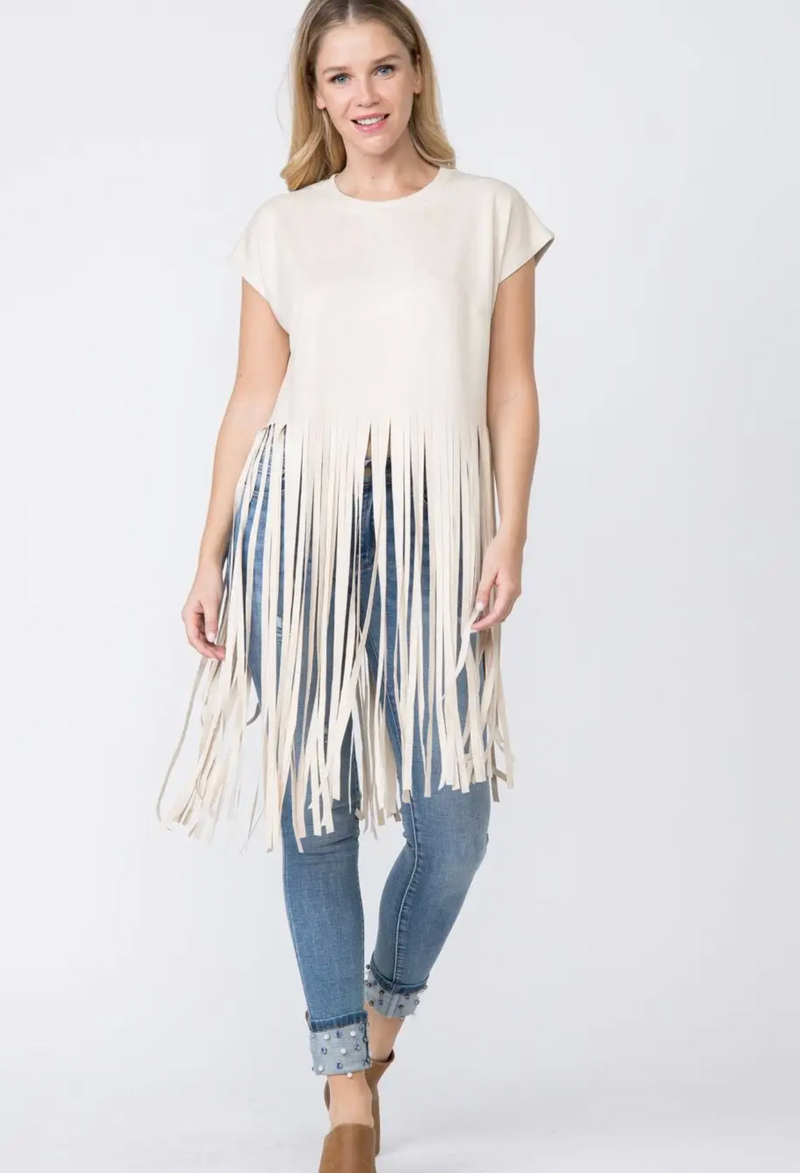 Suede Short Sleeve Long Fringed Top