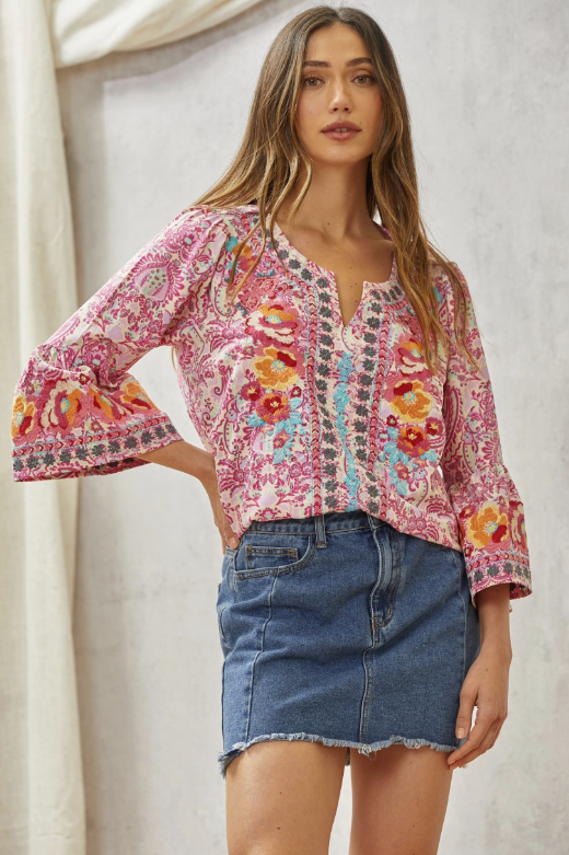 Lightweight Print Embroidery Tunic Top