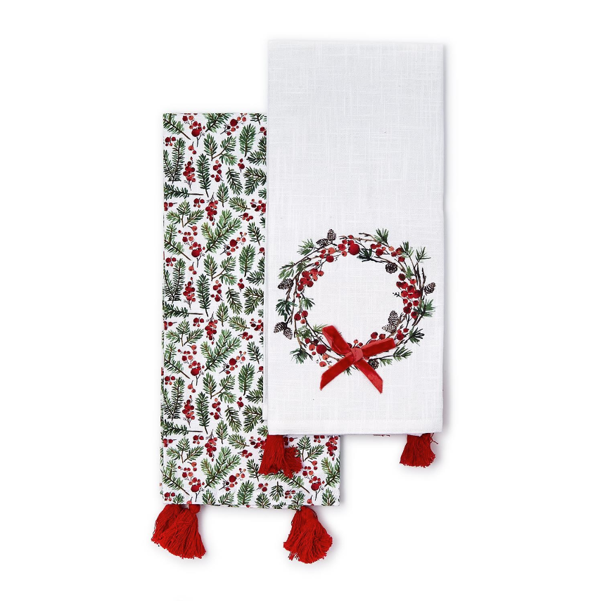 Merry Berry Set of 2 Dish Towels with Velvet Bow Accent and Tassels Assorted 2 Designs - Cotton