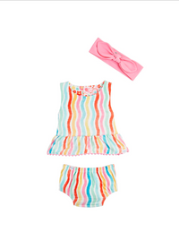 Rainbow Floral/Stripe Reversible Swimsuit & Headband Set 3-6 Mos.