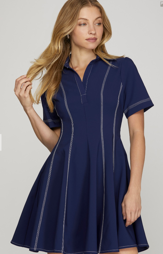 S/S POLO COLLAR  TOP STITCHED STRETCHY SKATER DRESS