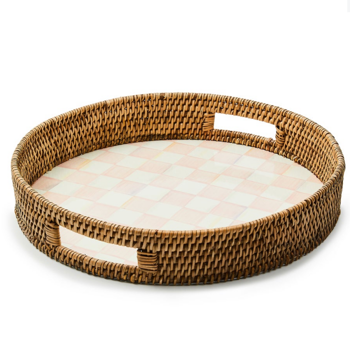 Rosy Check Enamel & Rattan Tray