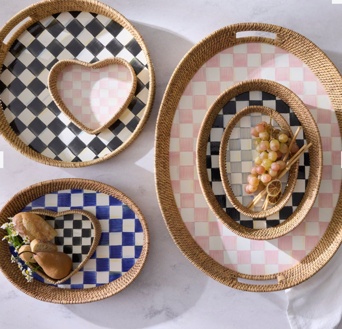 Rosy Check Enamel & Rattan Tray - Large