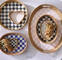 Rosy Check Enamel & Rattan Tray - Large