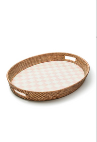 Rosy Check Enamel & Rattan Tray - Large