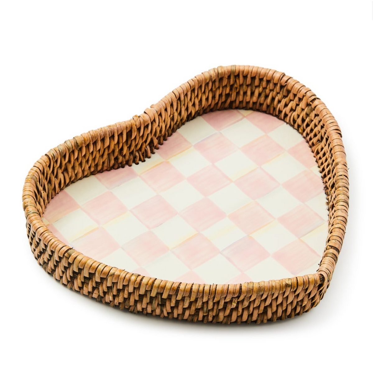 Rosy Check Enamel & Rattan Tray - Heart