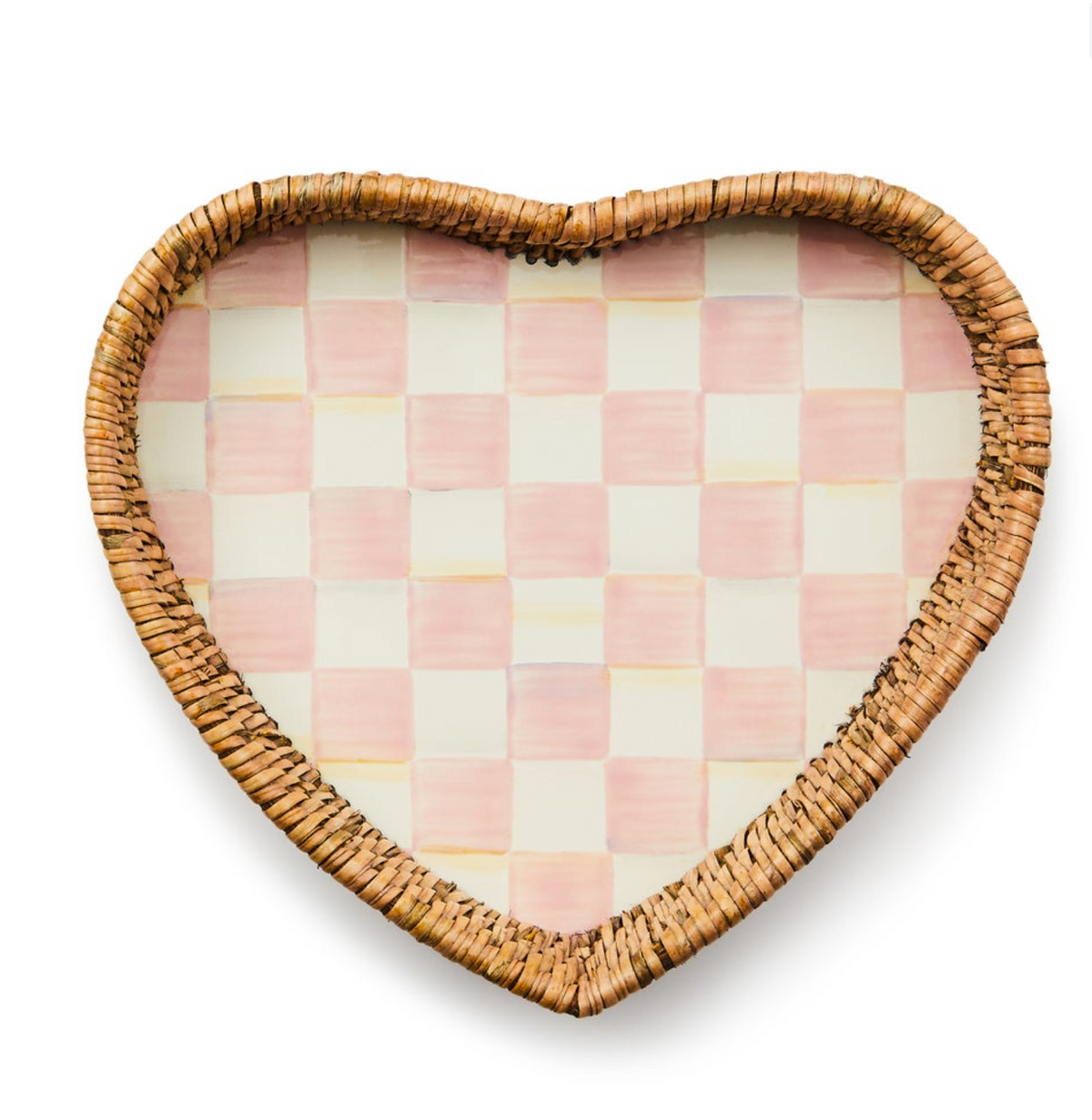 Rosy Check Enamel & Rattan Tray - Heart