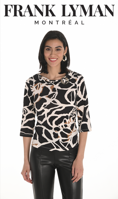 Knit Top Black/Beige 3/4 Sleeve with Broch
