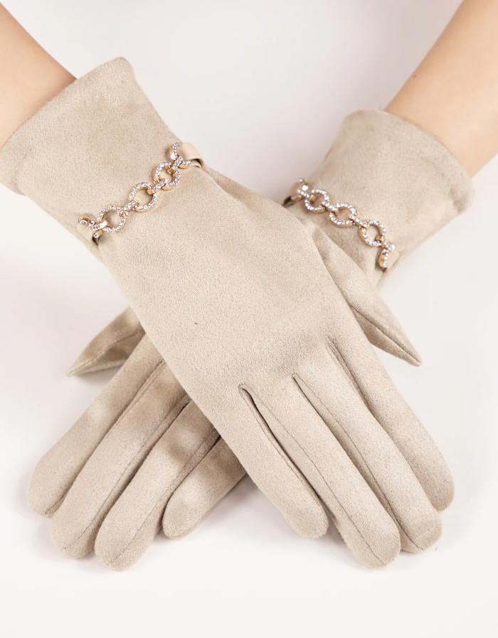 Rhinestone Chain Faux Suede Gloves