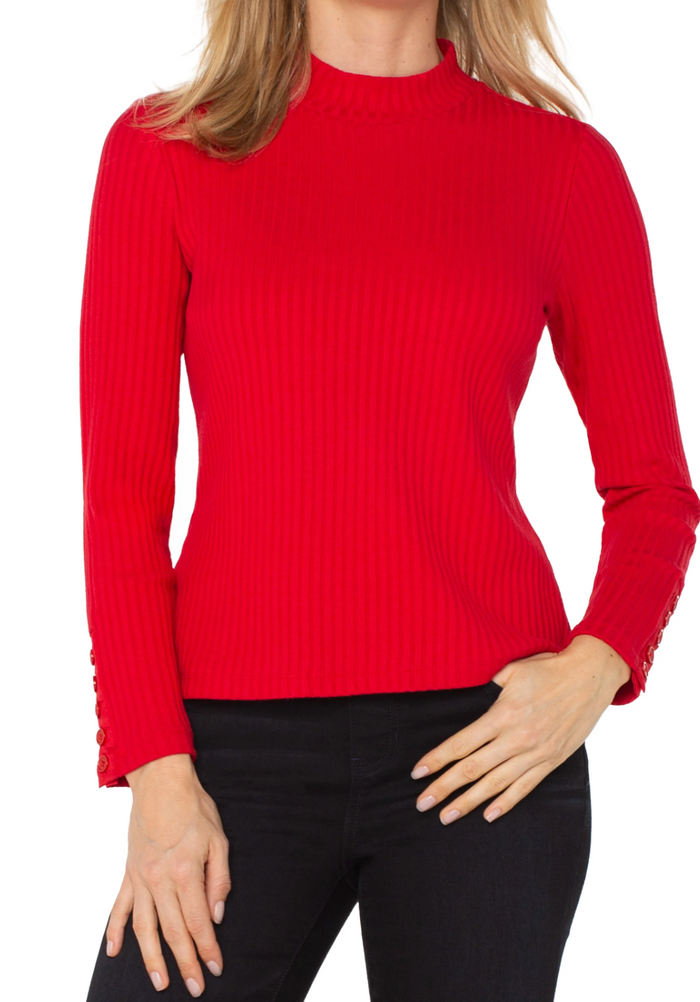 Long Sleeve Mock Neck Knit Top W/ Button Detail