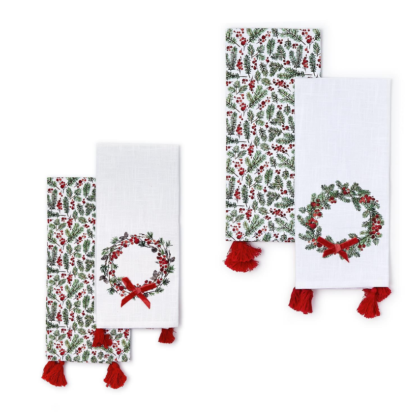 Merry Berry Set of 2 Dish Towels with Velvet Bow Accent and Tassels Assorted 2 Designs - Cotton