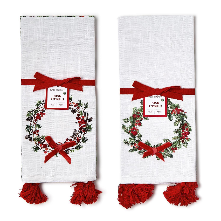 Merry Berry Set of 2 Dish Towels with Velvet Bow Accent and Tassels Assorted 2 Designs - Cotton
