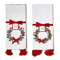 Merry Berry Set of 2 Dish Towels with Velvet Bow Accent and Tassels Assorted 2 Designs - Cotton