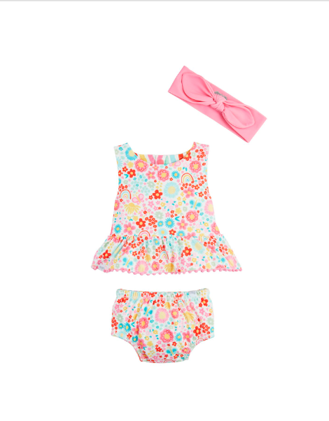 Rainbow Floral/Stripe Reversible Swimsuit & Headband Set 3-6 Mos.