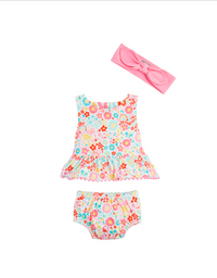 Rainbow Floral/Stripe Reversible Swimsuit & Headband Set 3-6 Mos.