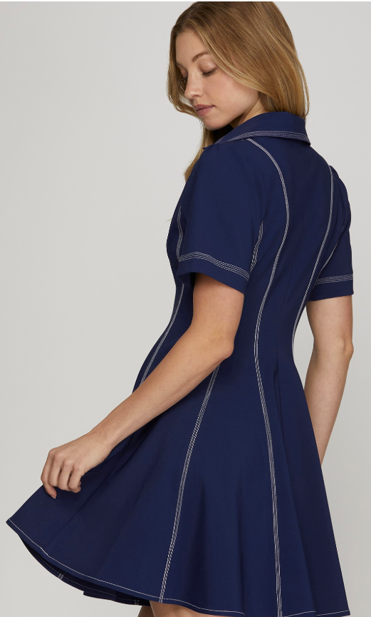 S/S POLO COLLAR  TOP STITCHED STRETCHY SKATER DRESS