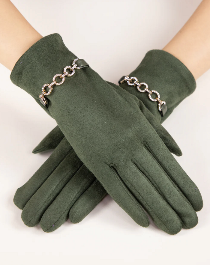 Rhinestone Chain Faux Suede Gloves