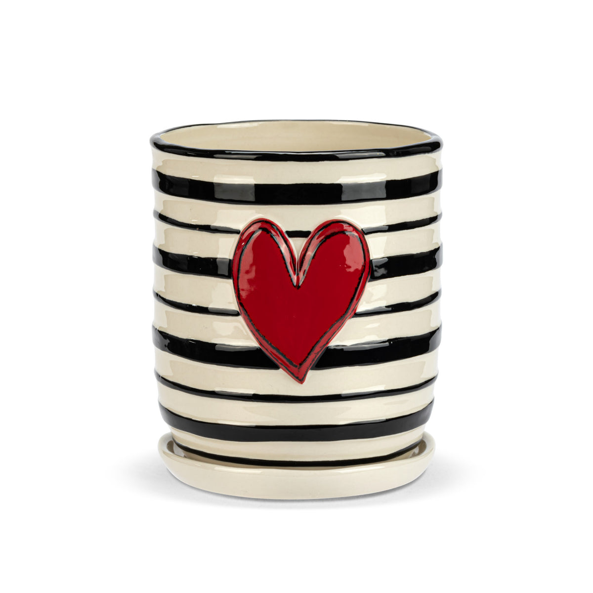 Stripe Red Heart Ceramic Planter & Saucer - 6x7.5in