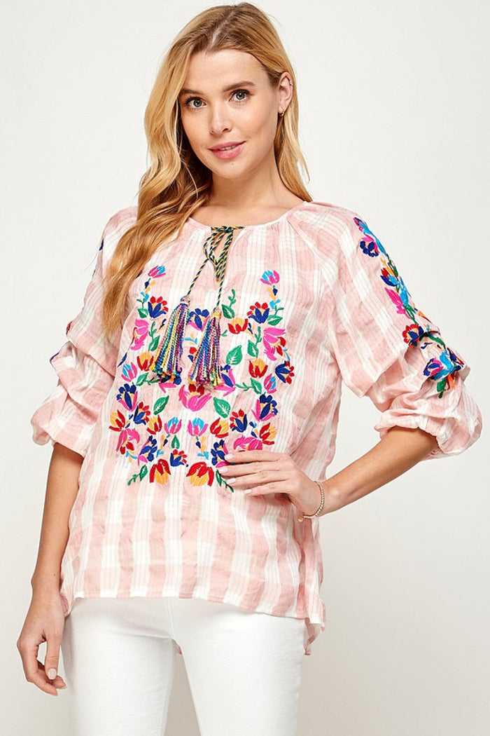 Floral Embroidery Tucked Blouse Top