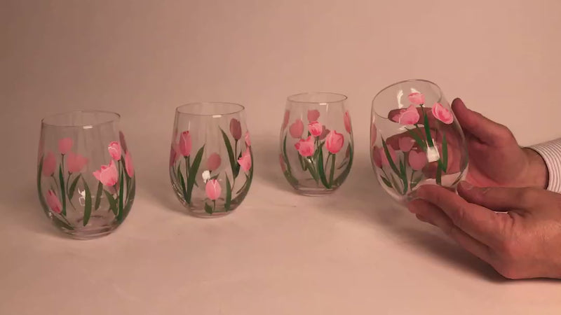 Pink Tulips Hand-Painted Stemless Wine Glass