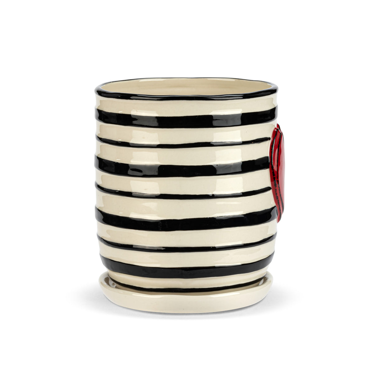 Stripe Red Heart Ceramic Planter & Saucer - 6x7.5in