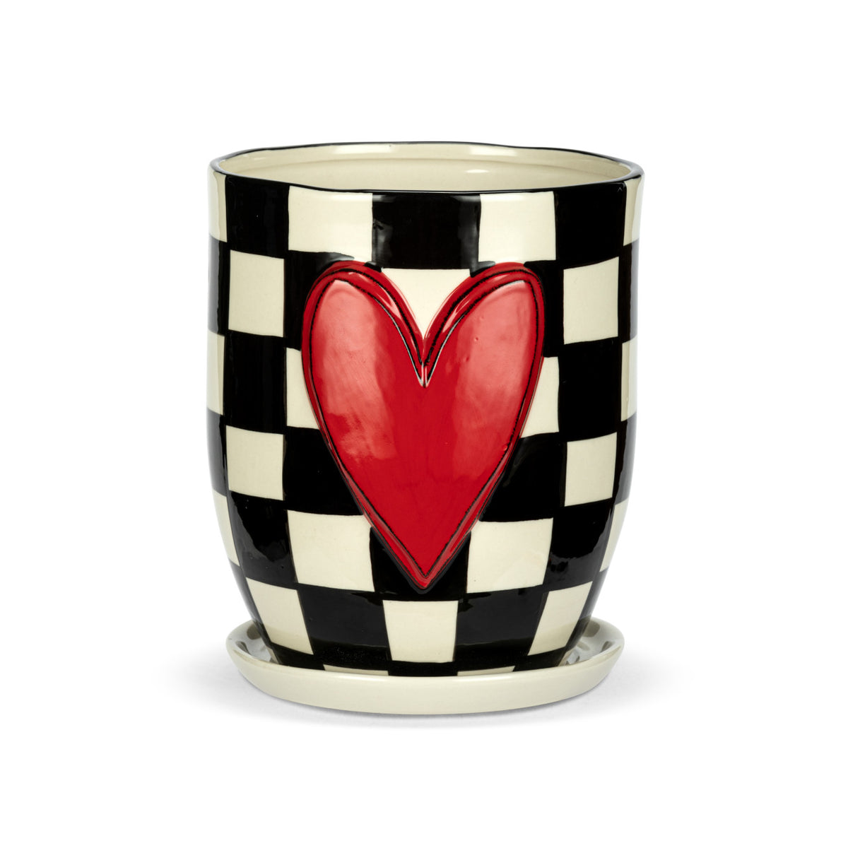 Checker Red Heart Ceramic Planter & Saucer - 6x7.5in