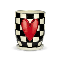 Checker Red Heart Ceramic Planter & Saucer - 6x7.5in