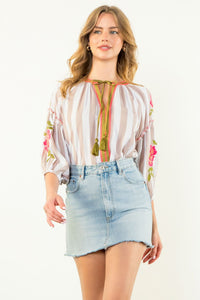 Embroidered Sleeve Striped Top