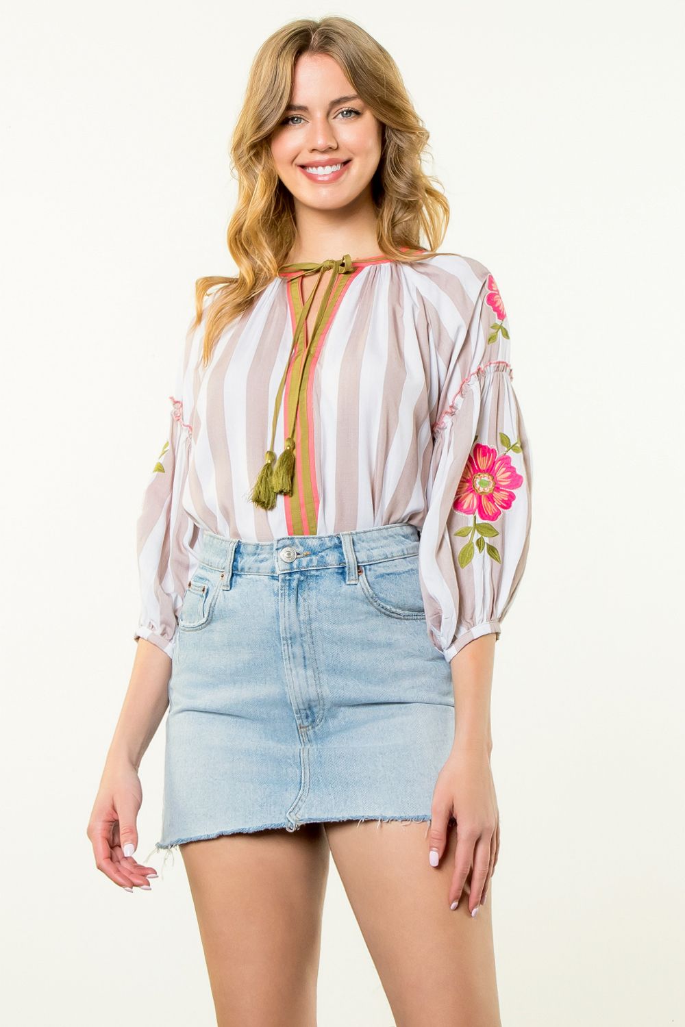 Embroidered Sleeve Striped Top