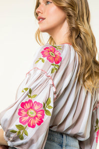 Embroidered Sleeve Striped Top