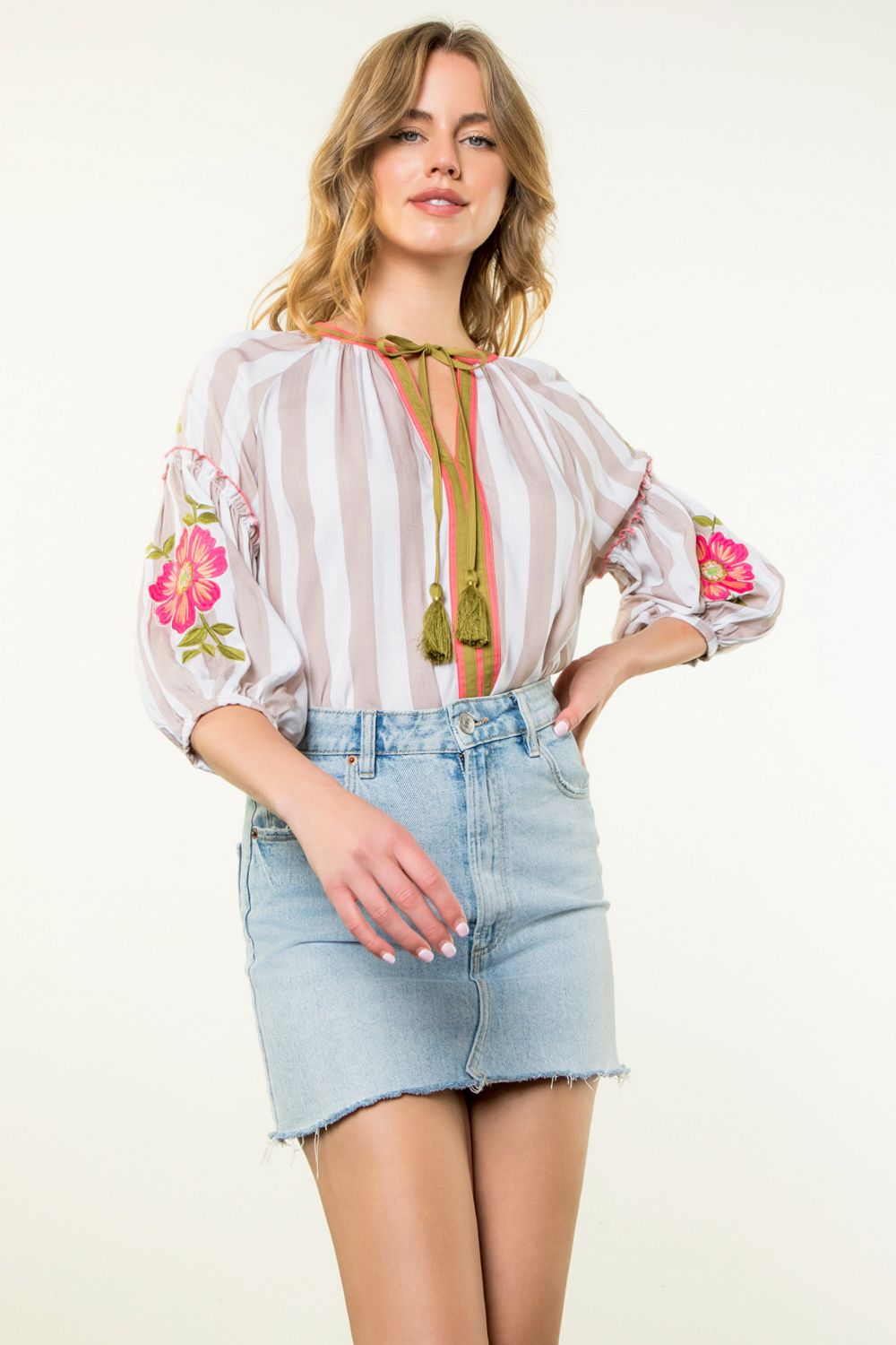 Embroidered Sleeve Striped Top