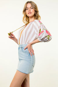 Embroidered Sleeve Striped Top