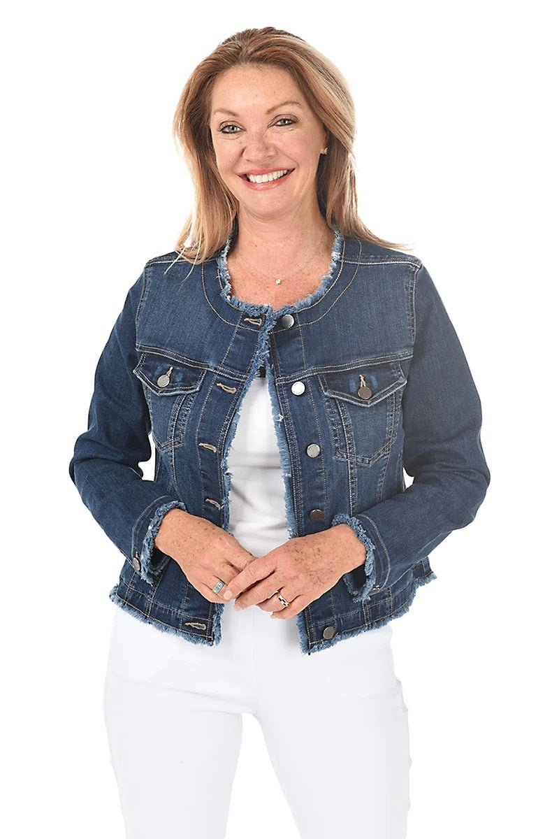 Collarless jean jacket hotsell