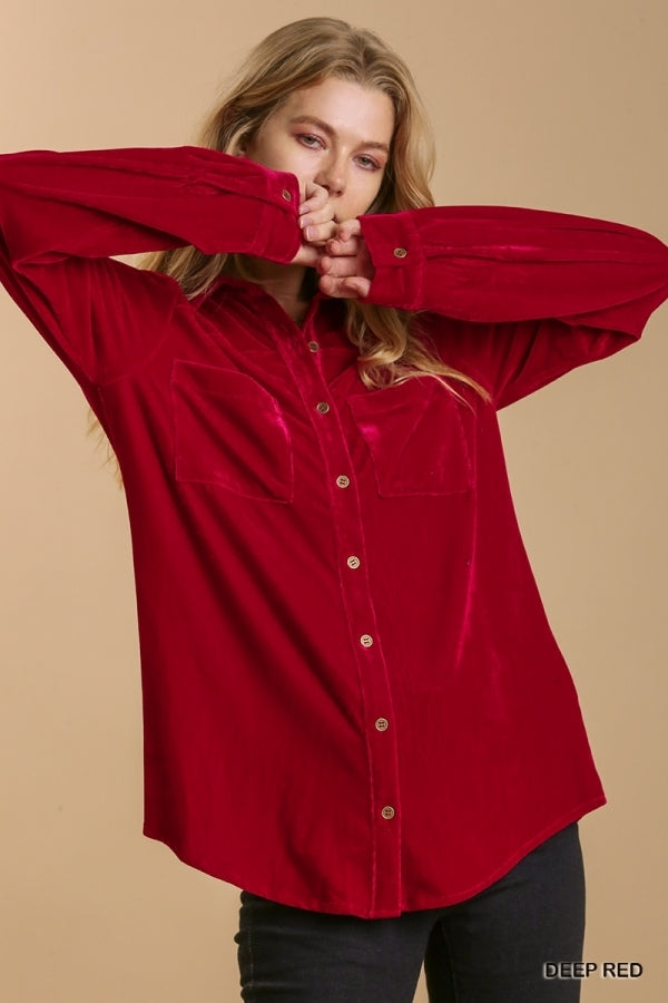 Long Sleeve Velvet Button Up Top with Pockets