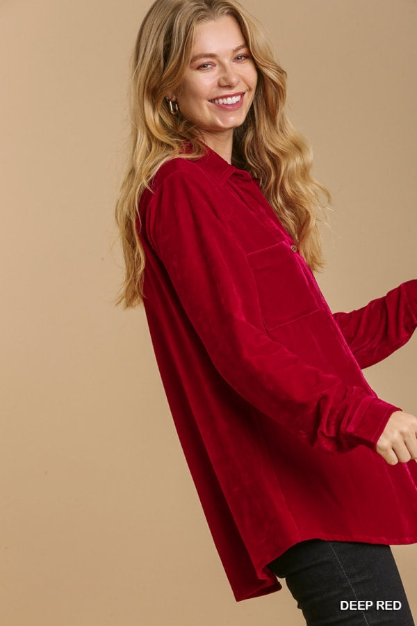 Long Sleeve Velvet Button Up Top with Pockets